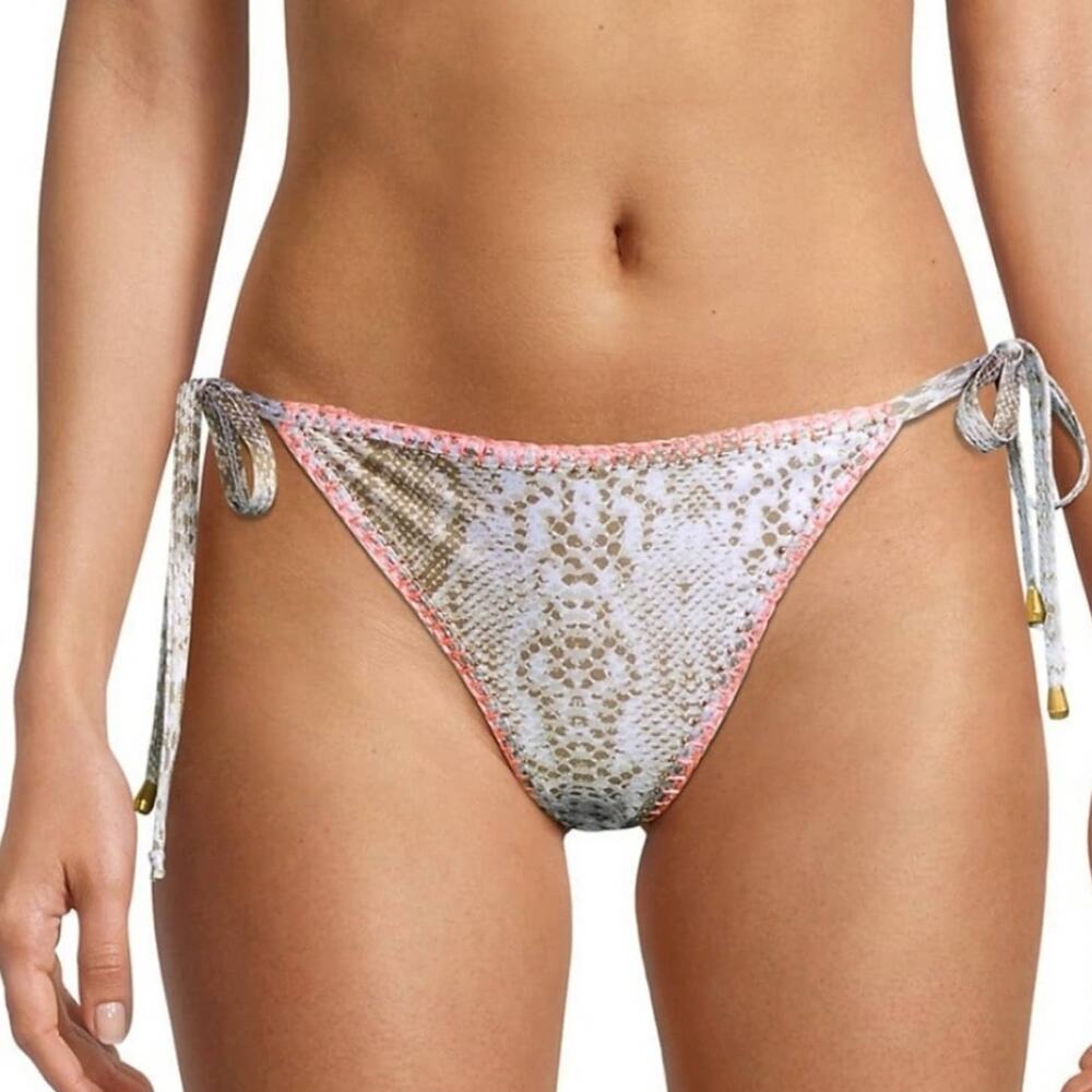 NWT Ramy Brook Myra Snakeskin String Bikini Bottoms Medium Neon Pink Python Tan